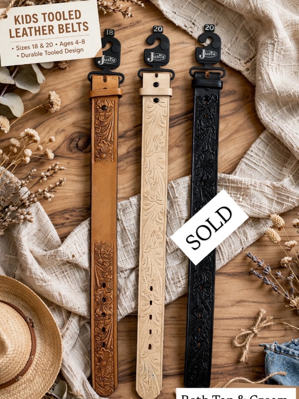 Tooled Leather Belt Bundle - Tan & Cream